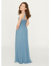Halter Blue Pleated Chiffon Junior Bridesmaid Dress With Pockets